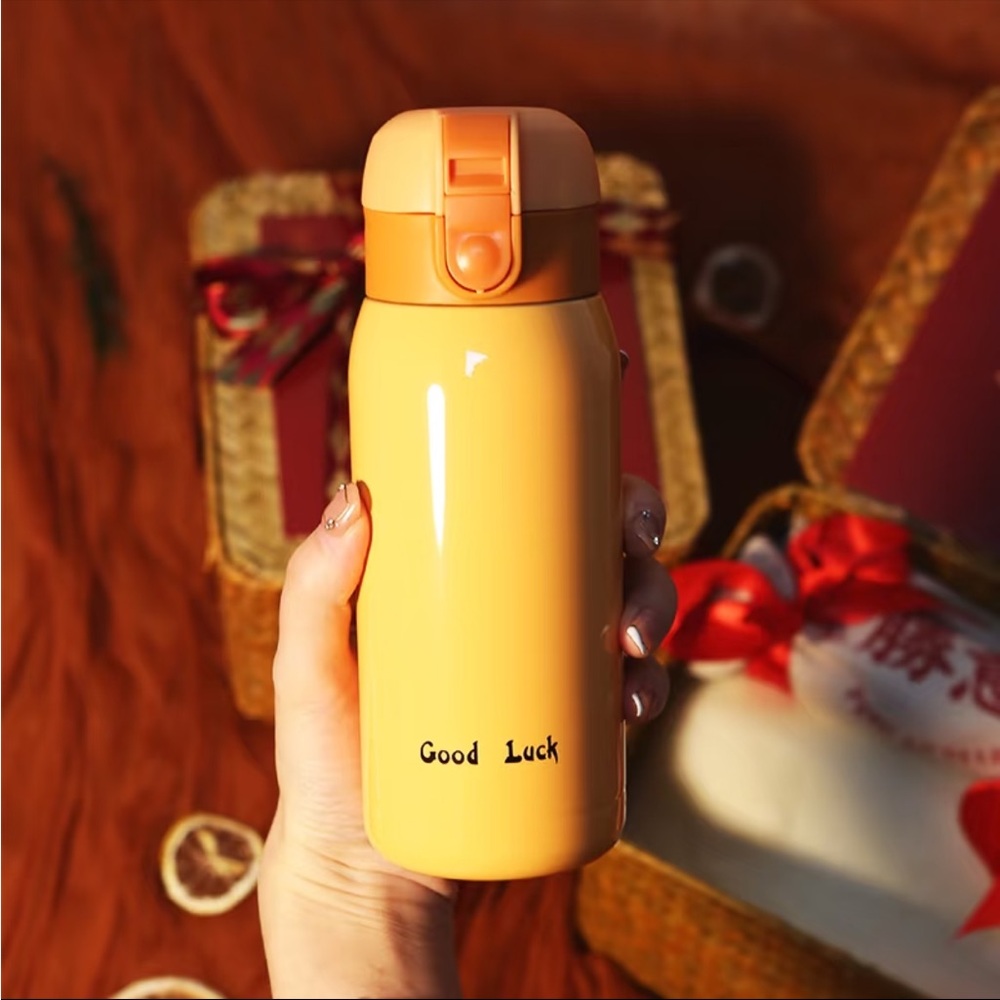 Yellow 'Good Luck' Stainless silver Bottle - Flip Lid